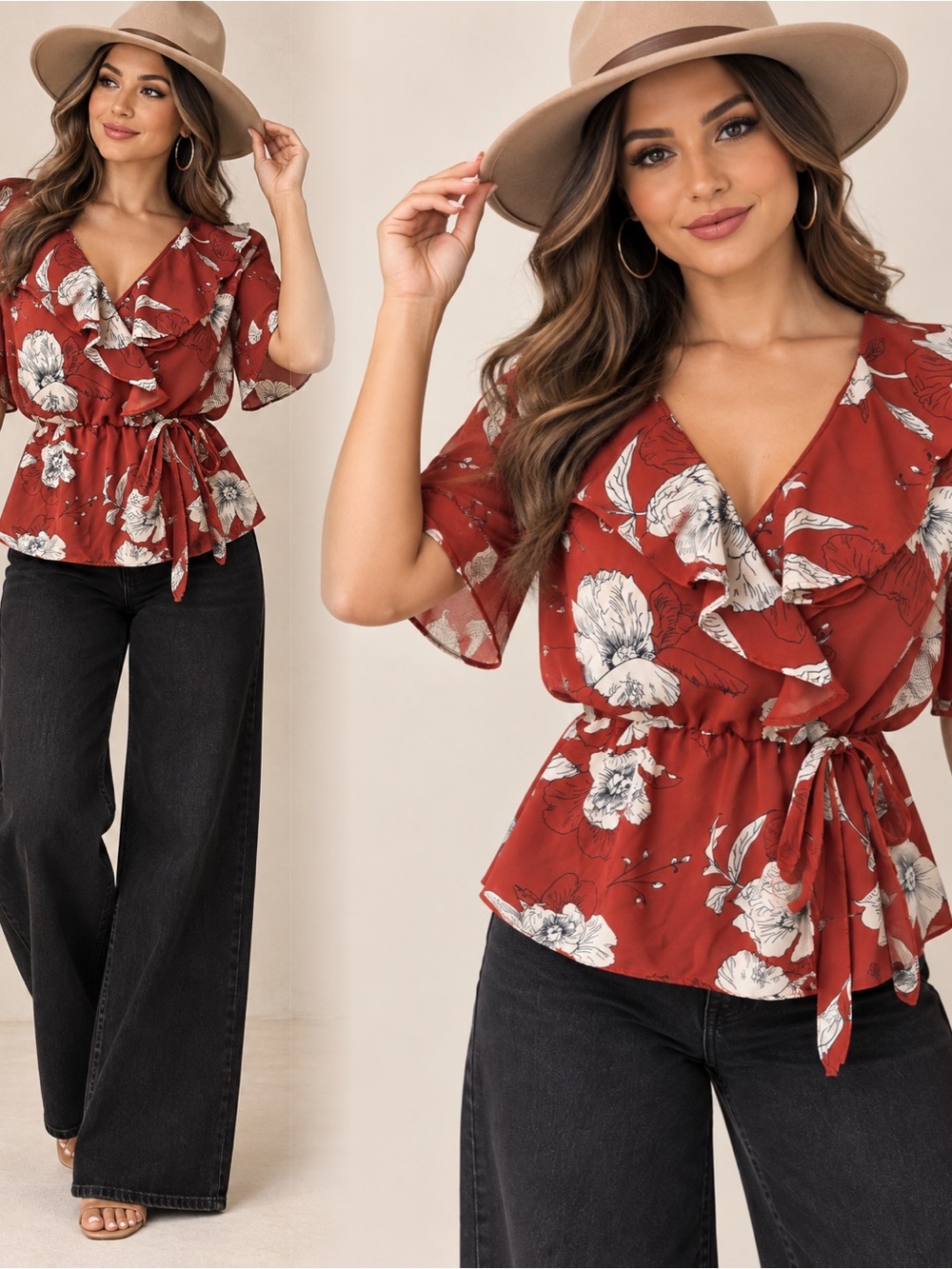 Sienna Sky Rust Floral Ruffle Wrap Blouse